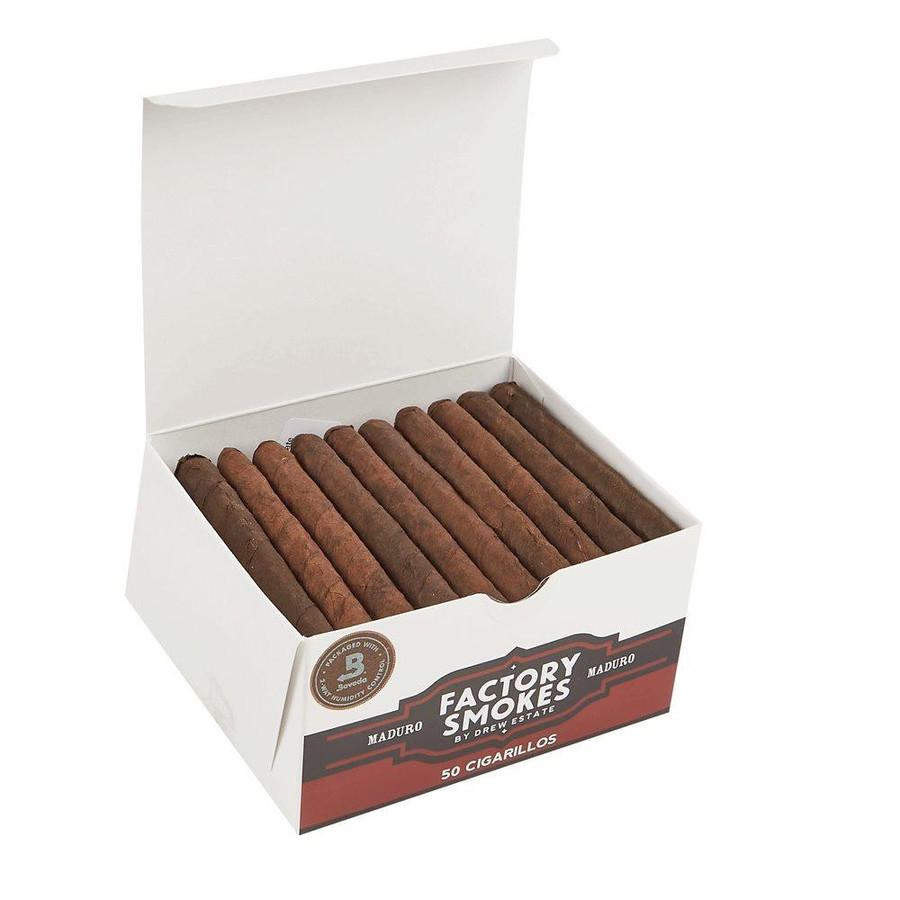 Drew Estate Factory Smokes Cigars Maduro Cigarillos 25 Ct Bundle, open white box showcasing 50 dark brown cigarillos arranged in two rows.