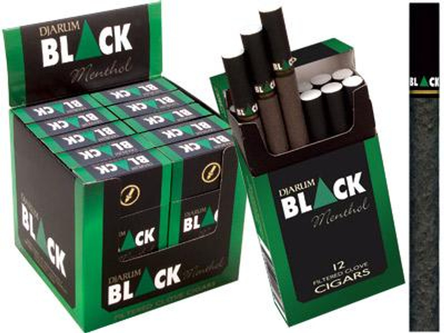 Kretek International Djarum Filtered Clove Cigars Menthol 10/12 Packs, an image of menthol-flavored filtered clove cigars in a green and black pack with 12 cigars, displayed alongside individual cigars with black filters.