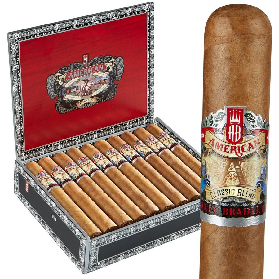 Alec Bradley American Classic Blend Gordo Cigars 24Ct. Box, showing a collection of cigars in a decorative red and black box with detailed artwork on the lid and cigar labels.