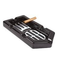 Alec Bradley Badge 6-Finger Ashtray Black, image of a black ashtray with six slots for cigars or cigarettes and a wooden cigar rest.