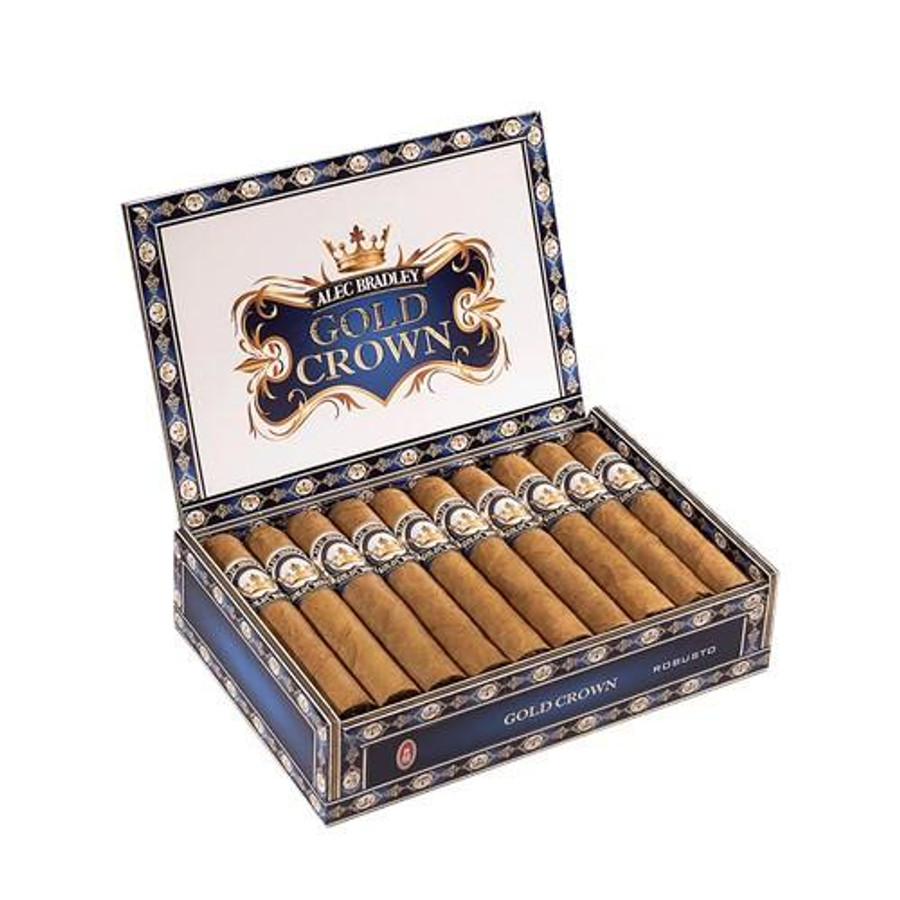 Alec Bradley Gold Crown Robusto Cigars 20Ct. Box, an open cigar box displaying neatly arranged brown cigars with decorative bands, on a white background.