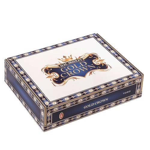 Alec Bradley Gold Crown Toro Cigar 20Ct. Box, decorative packaging with gold and blue design and logo.