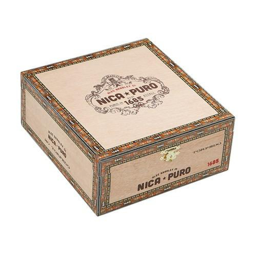Alec Bradley Nica Puro Torpedo Cigars 20Ct. Box, shown as a rectangular wooden cigar box with decorative border and Nica Puro logo on the top.
