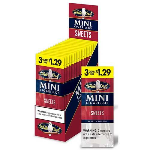 Swedish Match White Owl Mini Cigarillos Sweets 15PK, box of mini cigarillos in yellow and red packaging with promotional sign.