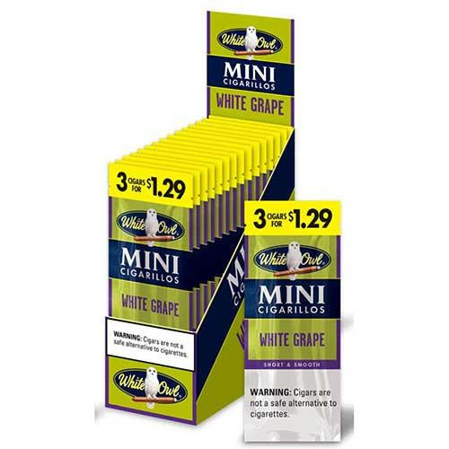 Swedish Match White Owl Mini Cigarillos White Grape 15PK, display of yellow rectangular packs of White Owl mini cigarillos with white owl logo and purple and yellow packaging design.