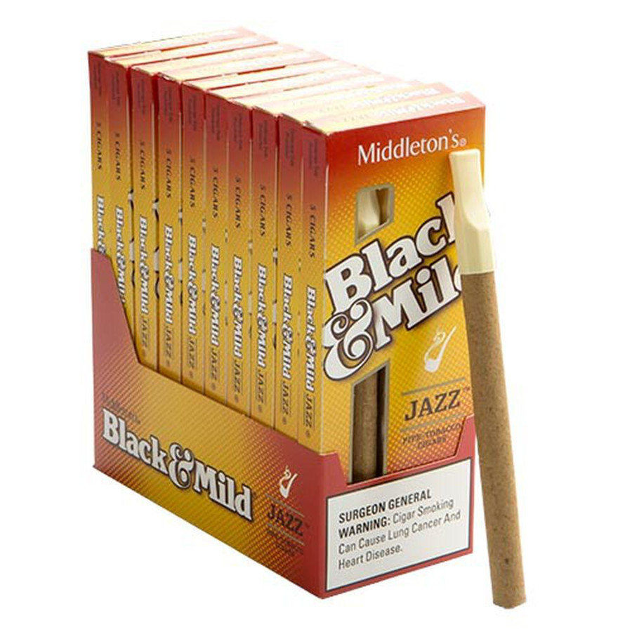 John Middleton Black & Mild Cigars Jazz 10/5 Packs, box of cigars with one cigar outside showing the brown and white design.