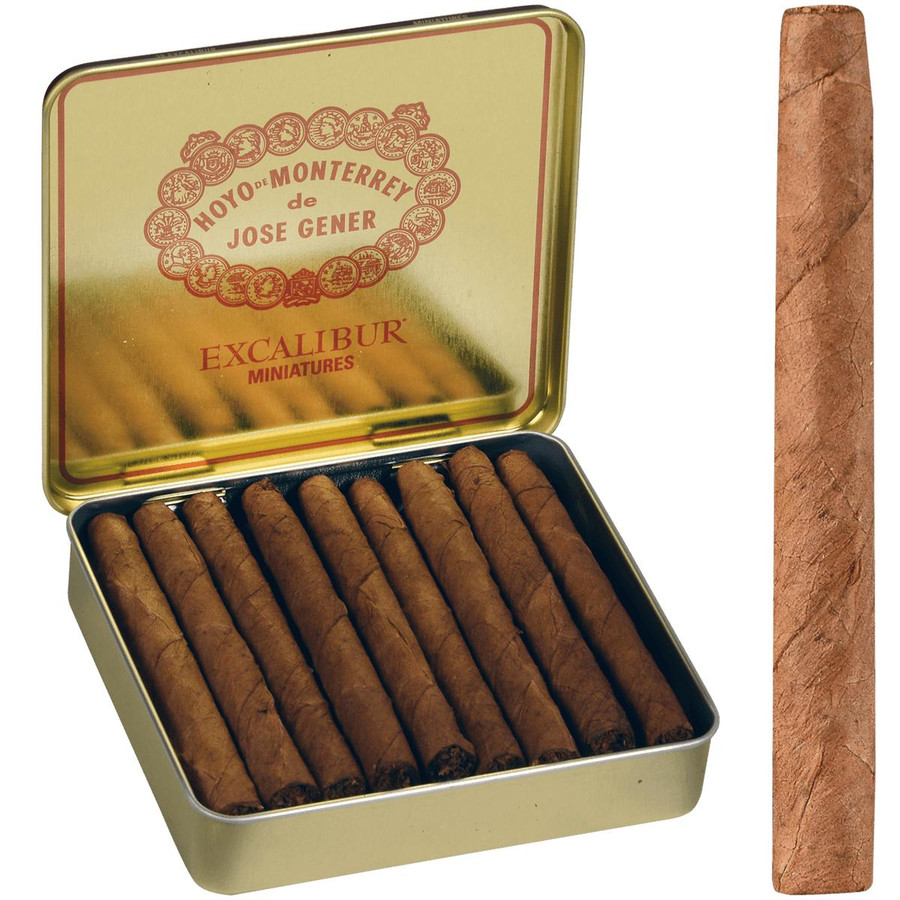 General Cigar Hoyo Excalibur Miniature Cigars, 10/20 Tins, in an open vintage metal tin with cigars inside and a close-up of a single cigar. General Cigar Hoyo Excalibur Miniature Cigars, 10/20 Tins, in an open vintage metal tin with cigars inside and a close-up of a single cigar.