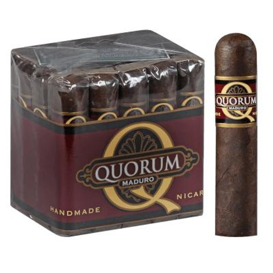 Quorum Maduro Short Robusto Cigars 20 Ct. Bundle, a pack of 20 handcrafted cigars with dark Maduro wrappers, displayed alongside one unwrapped cigar to highlight its size and shape.