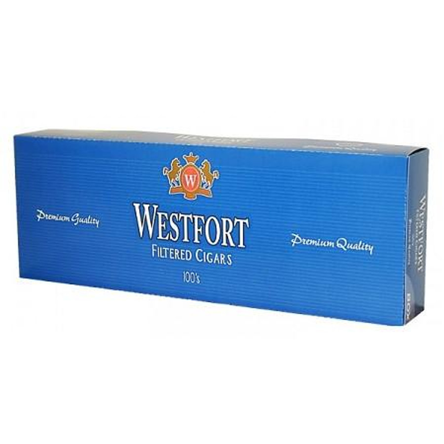 WestPort Tobacco Westfort Filtered Cigars Light, blue rectangular pack of filtered cigars with brand logo and text.