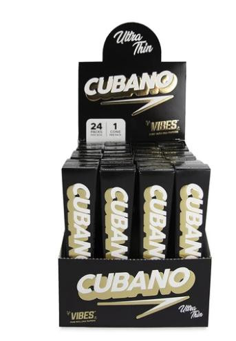 Vibes Rolling Paper Vibes Cones Cubano King Size Ultra Thin 24ct, display of multiple packs of ultra-thin king size rolling papers with black and gold packaging, arranged in a retail display box.