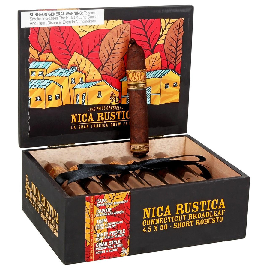 Nica Rustica Broadleaf Short Robusto Cigars 25 Ct Box, opened box featuring 25 cigars with dark wrapper and decorative bands, with an illustrated background of colorful houses and autumn leaves.