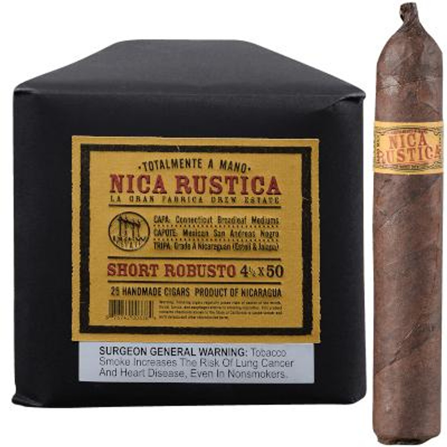 Drew Estate Nica Rustica Short Robusto Cigars 25 Ct Bundle, featuring a black box with a yellow label and a single cigar with a red and yellow band.