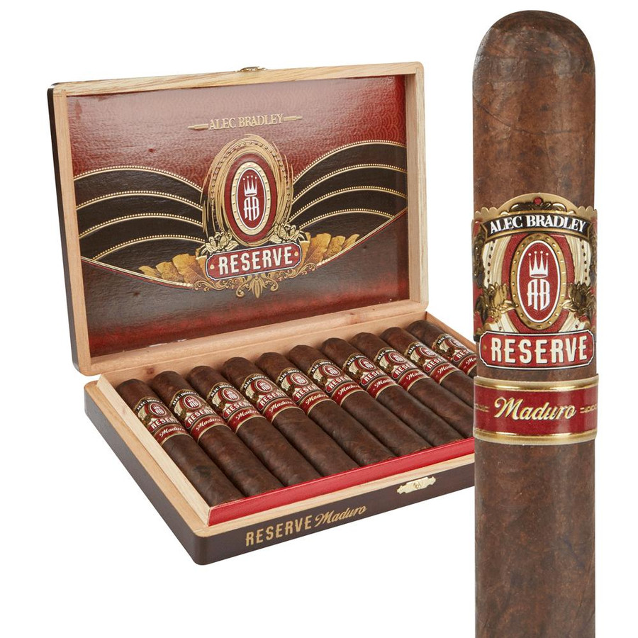 Alec Bradley Reserve Maduro Toro Cigars 10Ct. Box, flavorful full-bodied cigars with dark Maduro wrapper in a wooden box and one cigar outside showing its band.