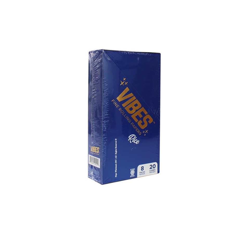 Vibes Rolling Paper Vibes Rice 1 1/4 cones 40PK, blue packaging box with gold and white text indicating product details.