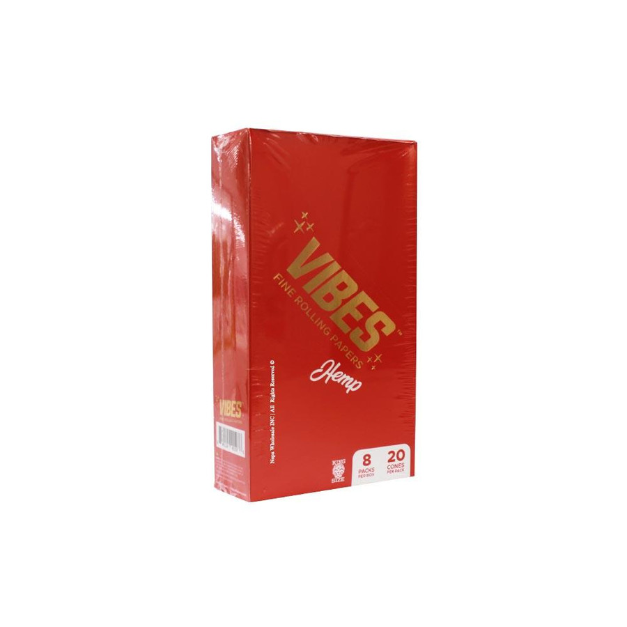 Vibes Rolling Paper Vibes Hemp King size cone 20PK, red box of rolling papers with gold and white text and logo, featuring 8 packs with 20 cones each.