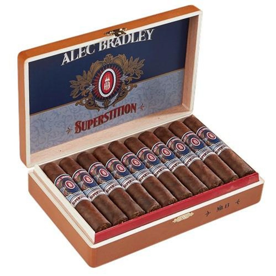 Alec Bradley Superstition No. 13 Cigars 20Ct. Box, open wooden cigar box displaying 20 cigars with branded bands inside a wood finish box with a hinged lid.