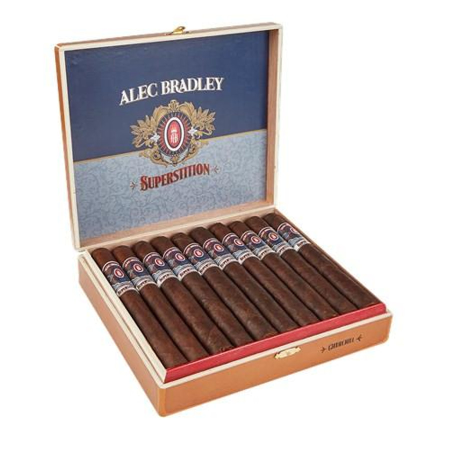 Alec Bradley Superstition Churchill Cigars 20Ct. Box, open wooden cigar box displaying 20 cigars with band labels, inside a branded blue and beige lid.