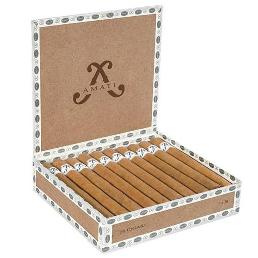 Amati Torpedo Cigars 20Ct. Box, open cigar box showing 20 torpedo cigars neatly arranged inside with branded packaging and logo on the inside lid.