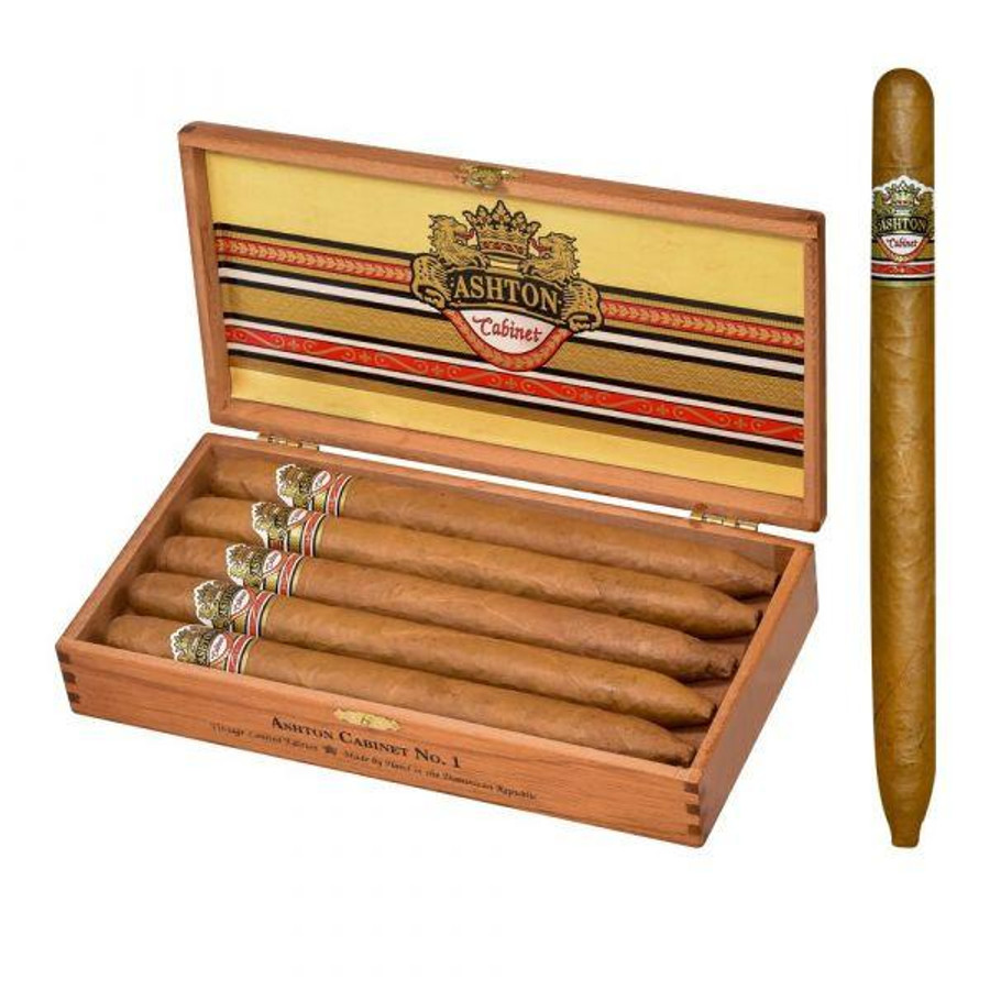 Ashton Cigars Ashton Cabinet Selection #1 Perfecto Cigars 10Ct. Box, wooden humidor with five cigars arranged inside and one cigar displayed outside the box.