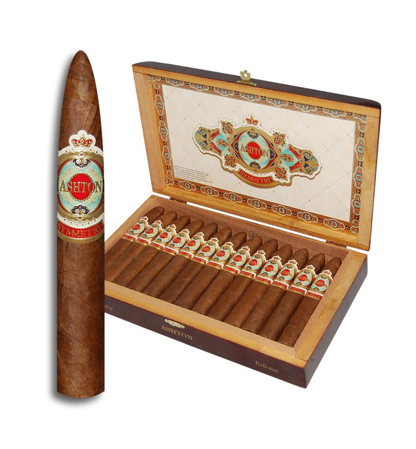 Ashton Cigars Ashton Symmetry Belicoso Cigars 25Ct. Box, a wooden box containing 25 cigars with detailed labels, alongside a close-up of one cigar showing its band and detailed packaging.