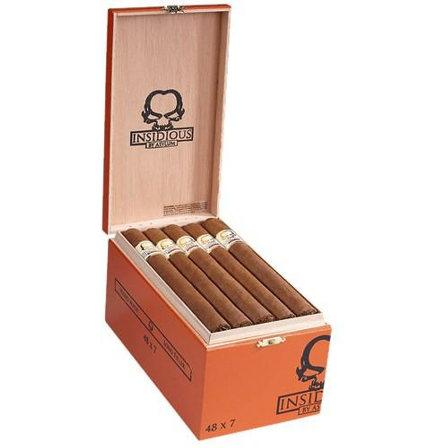 Asylum Insidious Habano 748 Cigars 25Ct. Box, open wooden box showing five cigars with white and gold bands inside.