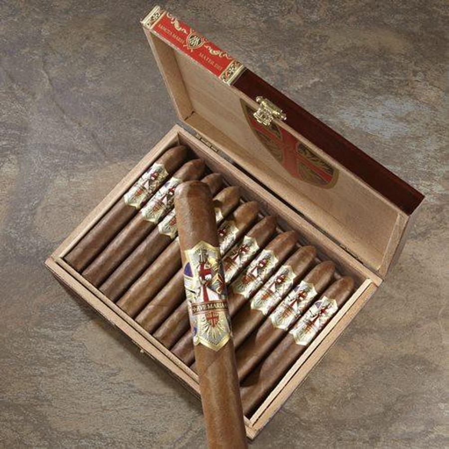 AJ Fernandez Ave Maria Holy Grail Cigars 8-Count Box, open wooden box showcasing cigars with decorative wrappers and labels. AJ Fernandez Ave Maria Holy Grail Cigars 8-Count Box, open wooden box showcasing cigars with decorative wrappers and labels.