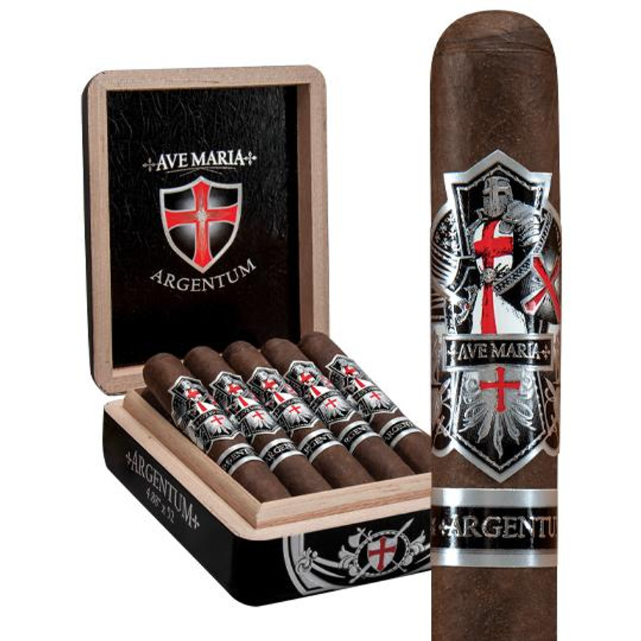 AJ Fernandez Ave Maria Argentum Robusto Cigars 10 Count Box, image of a wooden box containing ten cigars with a close-up of one cigar featuring a detailed silver, black, and red band with a knight emblem.