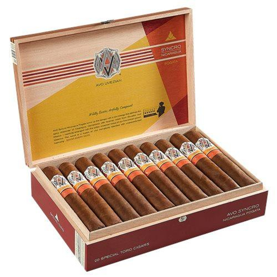 AVO Syncro Nicaragua Fogata Special Toro Cigars 20Ct. Box, open wooden cigar box containing 20 cigars with colorful bands.