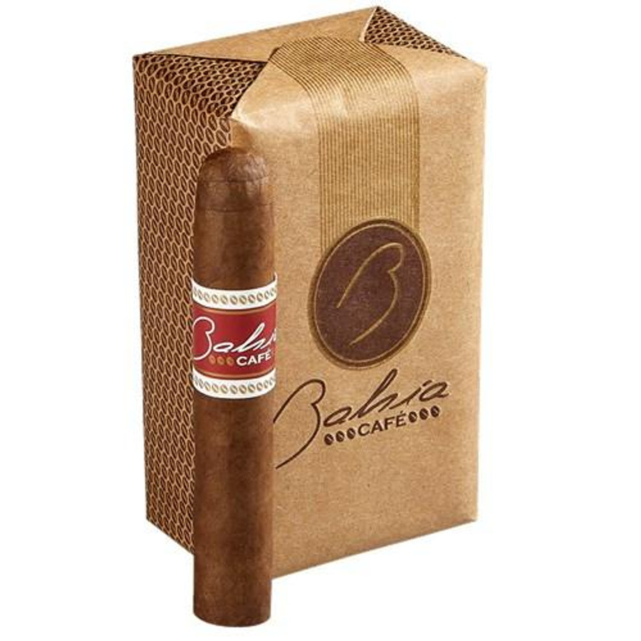 Bahia Café Robusto Cigars Pack of 12, brown cigar with red and white band standing next to a brown box with Bahia Café logo. Bahia Café Robusto Cigars Pack of 12, brown cigar with red and white band standing next to a brown box with Bahia Café logo.