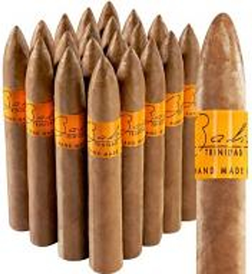 Bahia Trinidad Torpedo Cigars Pack of 20, arranged in a row showcasing the torpedo-shaped cigars with a brown wrapper and orange band.