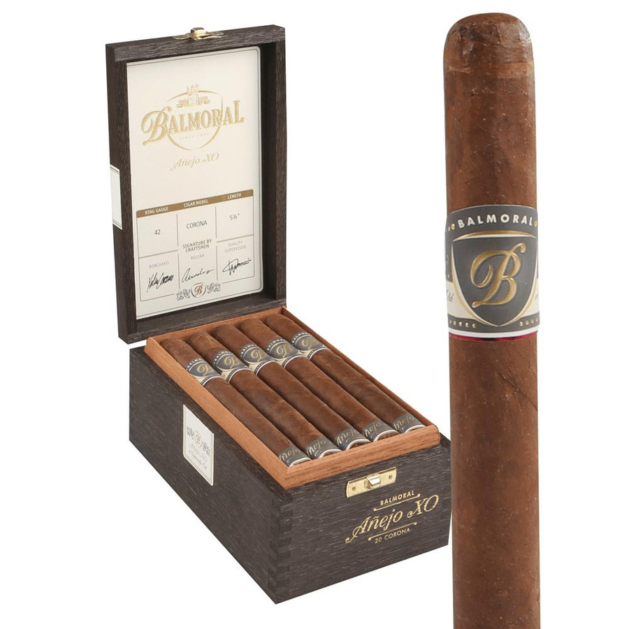 Scandinavian Tobacco Balmoral Anejo XO Corona Cigars 20Ct. box, with a detailed close-up of a single cigar showing its band.
