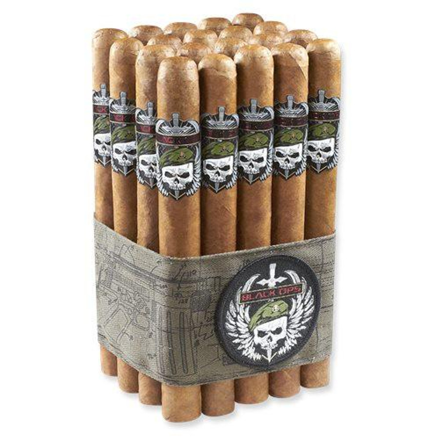 Black Ops Habano Churchill Cigars Pack of 20, a bundle of cigars with black, skull, and military-themed band logos, arranged together in a pack.