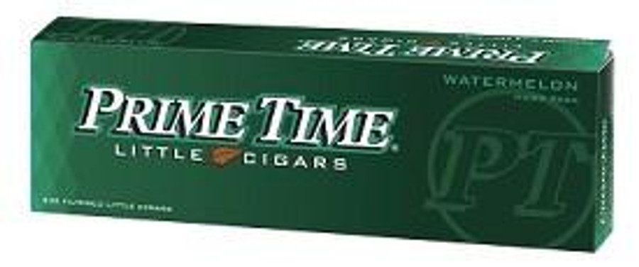 Prime Time Little Cigars Watermelon, green cigarette pack with watermelon flavor branding.