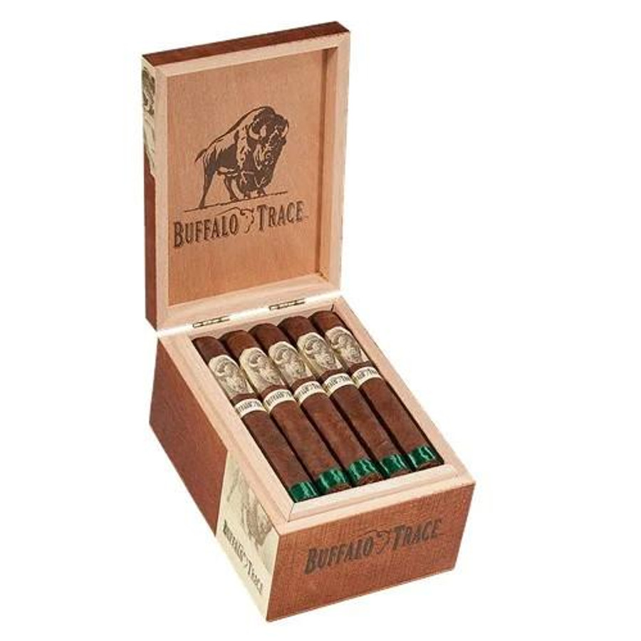 Buffalo Trace Churchill Cigars 20Ct. Box, open wooden cigar box with five cigars inside, each with a silver band and green foot cap, featuring the Buffalo Trace logo and branding.