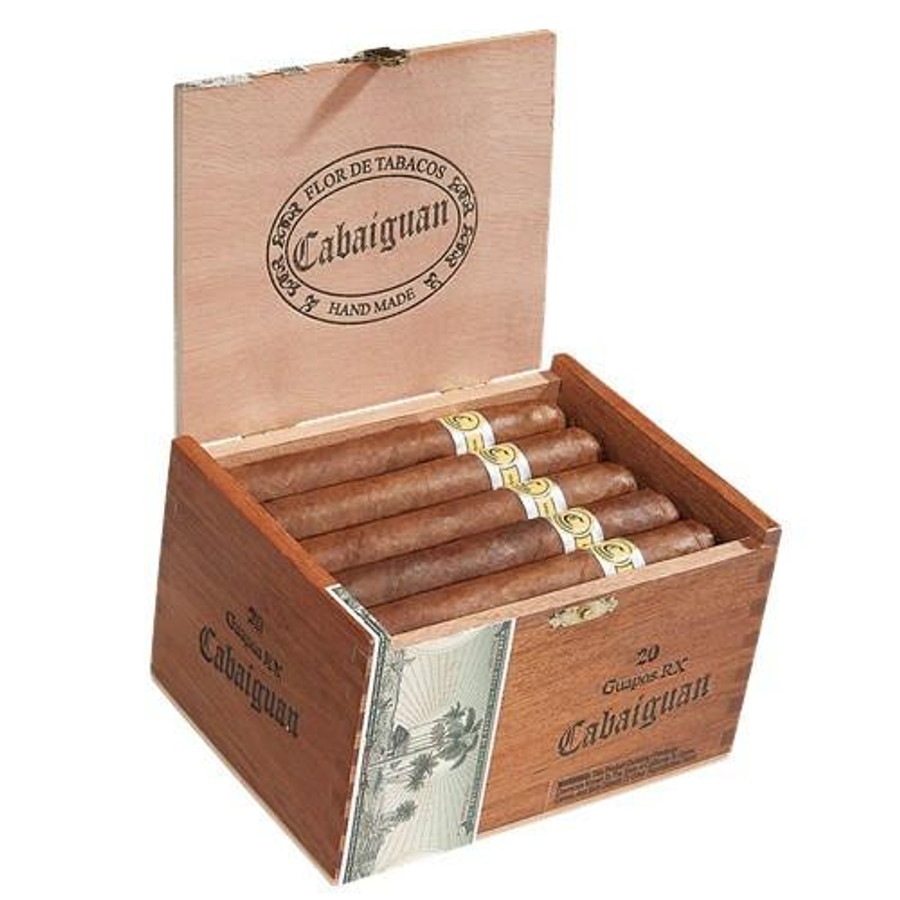Don Pepin Garcia Cigars Cabaiguan by Tatuaje Guapos RX Robusto Extra Cigars 20Ct. Box, open wooden cigar box with cigars inside and a Cabaiguan logo on the lid. Don Pepin Garcia Cigars Cabaiguan by Tatuaje Guapos RX Robusto Extra Cigars 20Ct. Box, open wooden cigar box with cigars inside and a Cabaiguan logo on the lid.