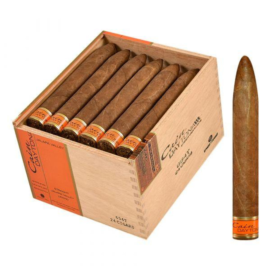 Oliva Cigars Cain Daytona by Oliva Torpedo Cigars 24Ct. Box, featuring a set of torpedo-shaped cigars with orange bands, arranged in a wooden box with branding and product details visible.
