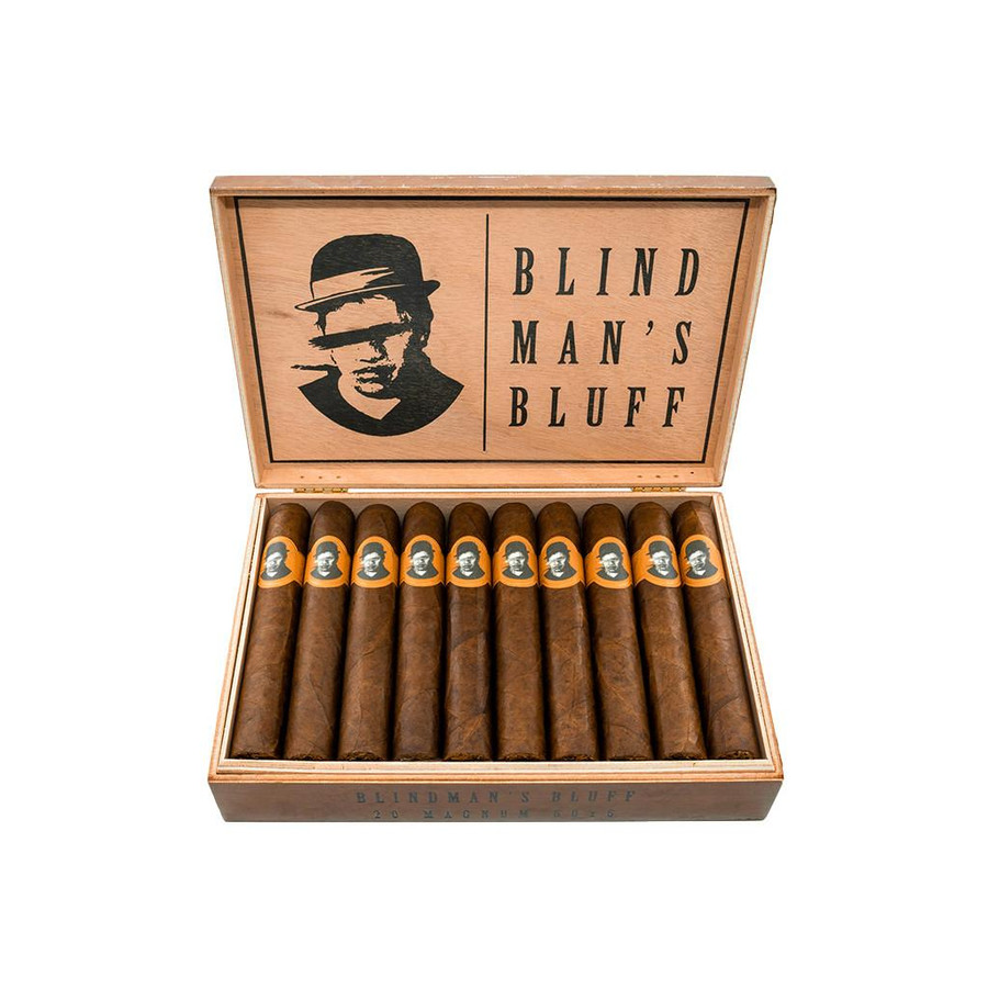 Caldwell Blind Man's Bluff Magnum Cigars 20 Ct. Box, open wooden box showcasing 20 cigars with a retro-style illustrated man logo on each cigar band.