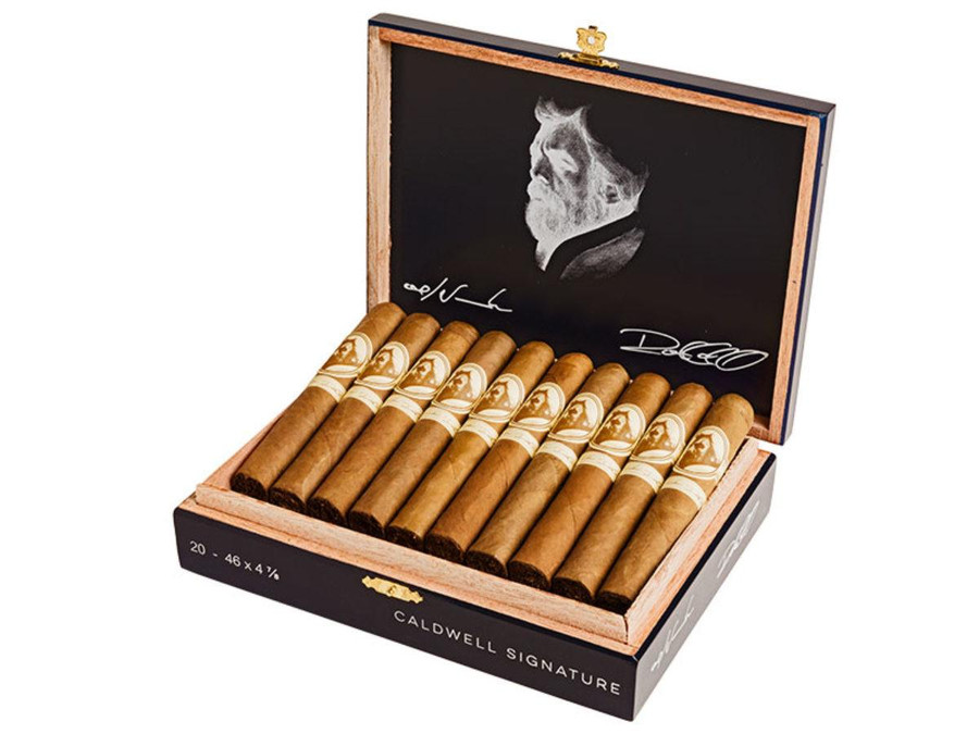 Caldwell Eastern Standard Dos Firmas Signature Cigars 20 Cigars Box, opened wooden box showcasing 20 cigars with gold and cream bands, black artwork with man's profile and signatures inside the lid.