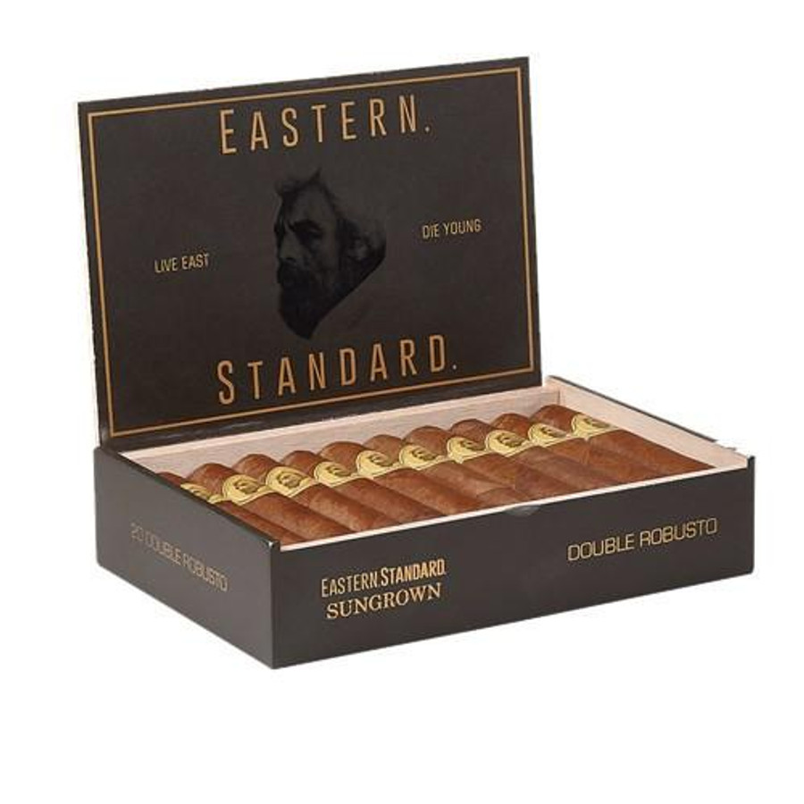 Caldwell Eastern Standard Habano Double Robusto Cigars 20Ct. Box, a black box containing 20 cigars with gold and brown bands, featuring a flip-open lid with branding and a bearded man's silhouette, ideal for cigar enthusiasts.