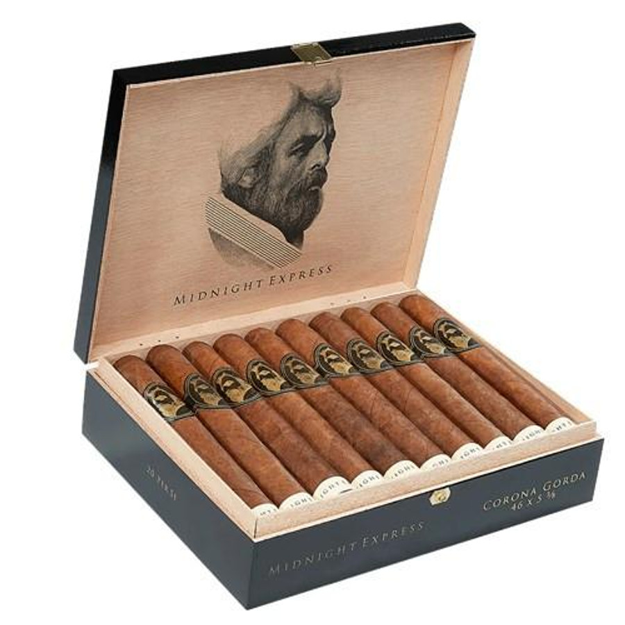 Caldwell Collection - E.S. Midnight Express Corona Cigars 20Ct. Box, open wooden cigar box with 20 cigars inside with decorative bands and a vintage portrait on the inner lid