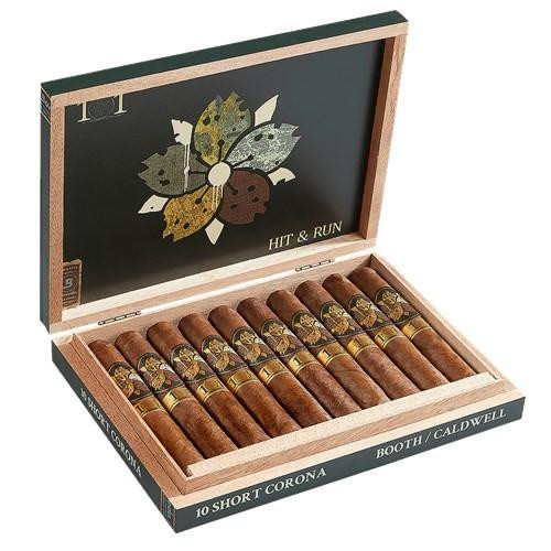 Caldwell Hit and Run Part Deux Short Corona Cigars 10Ct. Box, open box displaying 10 cigars arranged in a row inside a wooden box with a black and colorful leaf design on the lid