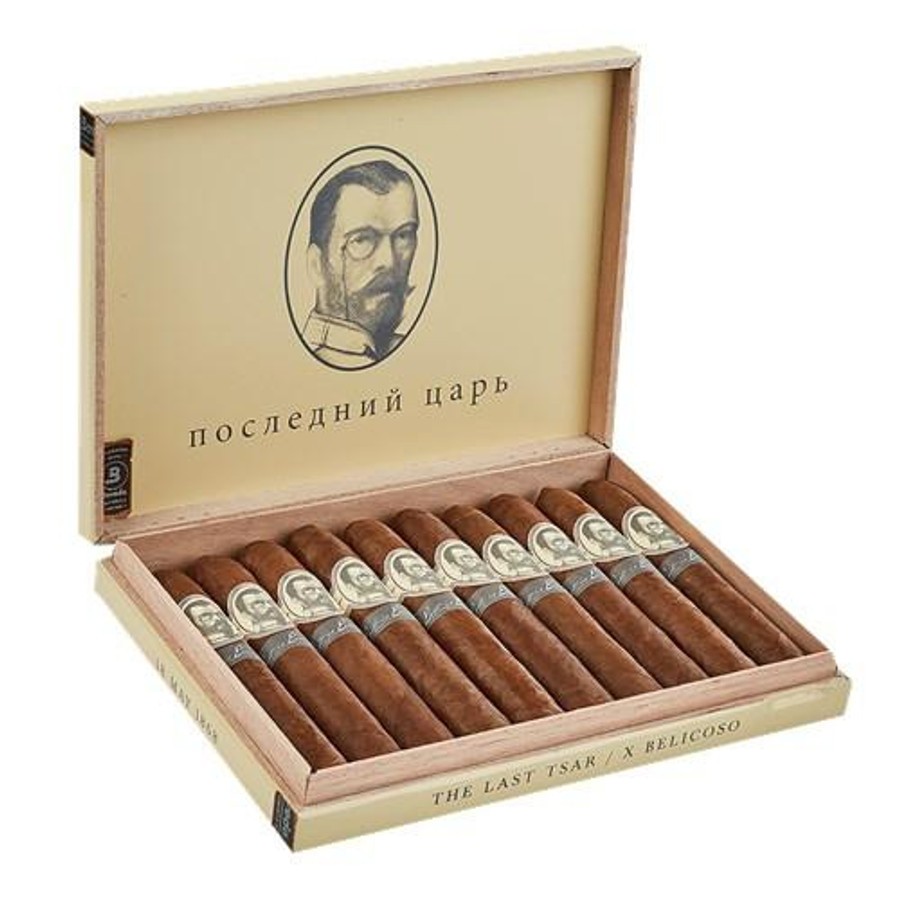 Caldwell The Last Tsar Belicoso Cigars 10Ct. Box, open wooden cigar box containing ten cigars with labels, and a portrait illustration inside the lid.
