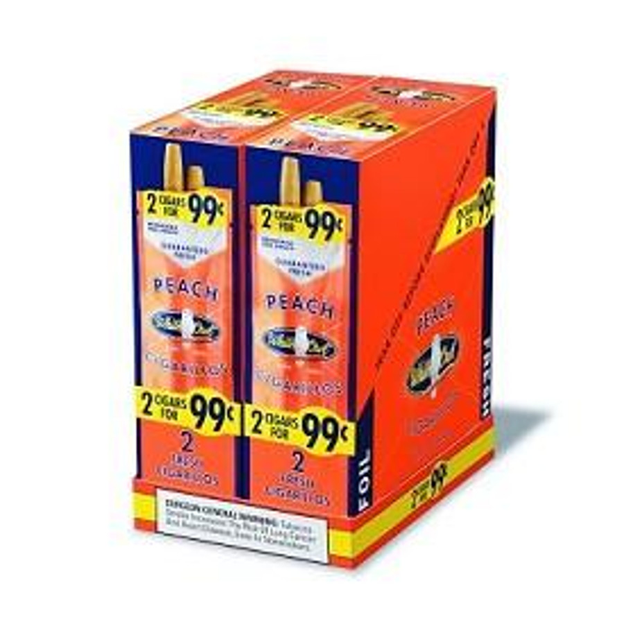 Swedish Match White Owl Cigarillos Peach, box of 30 pouches of 2, featuring peach-flavored cigarillos in a colorful packaging with blue, yellow, and orange design.