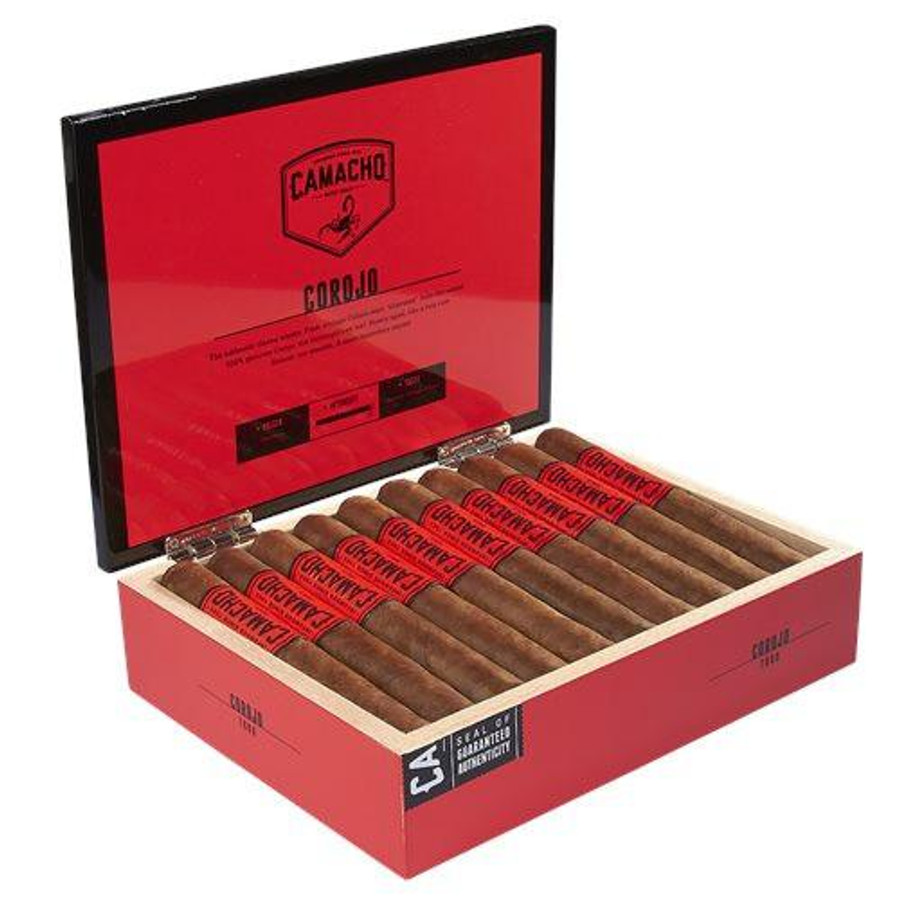 Camacho Corojo Robusto Cigars 20Ct. Box, an open red box containing twenty cigars with red labels.