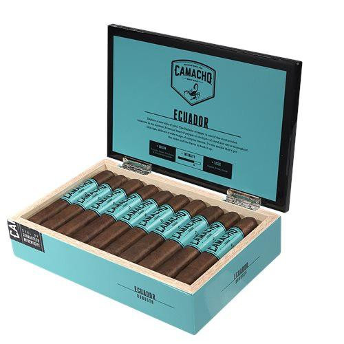 Camacho Ecuador Gordo Cigars 20 Ct. Box, new open box showing 20 cigars with blue and black bands arranged inside a light blue packaging