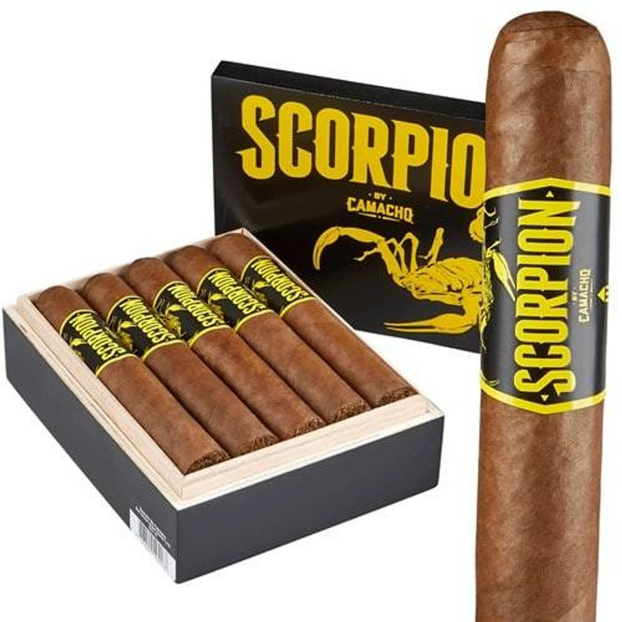 Camacho Scorpion Sun Grown Robusto Cigars 10Ct. Box, featuring a black box with yellow lettering and an illustration of a scorpion, alongside a single cigar with a black and yellow band. Camacho Scorpion Sun Grown Robusto Cigars 10Ct. Box, featuring a black box with yellow lettering and an illustration of a scorpion, alongside a single cigar with a black and yellow band.