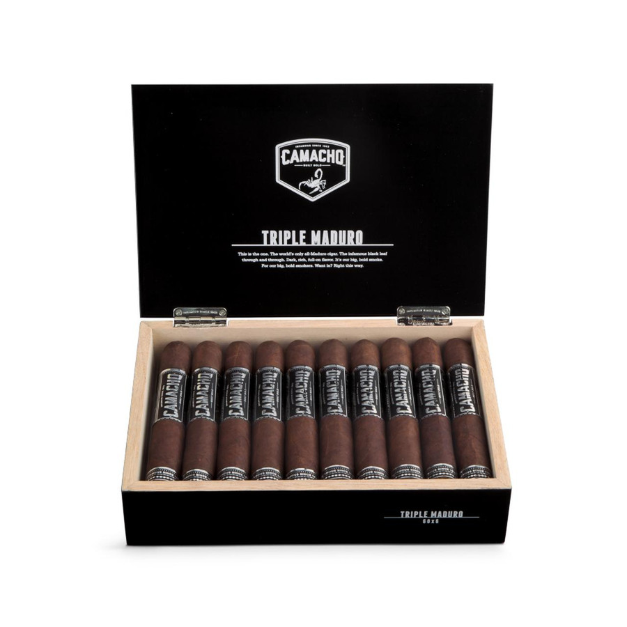 Camacho Triple Maduro Gordo Cigars 20Ct. Box, black box open to reveal 20 cigars with dark brown wrappers and black labels with white text.