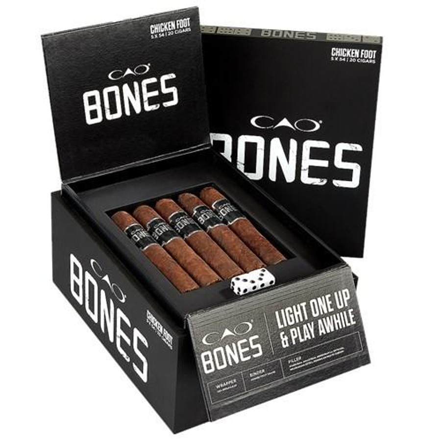 CAO Bones Robusto Cigars 20Ct. Box, open black box showing 20 cigars, a small white dice, and the brand name and product details on the packaging.