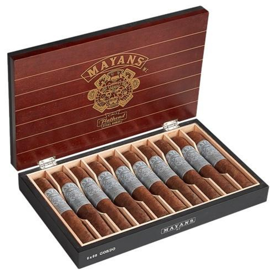 General Cigar Mayans M.C. by CAO Cigars 10Ct. Box, a wooden box containing ten cigars with decorative bands inside a luxurious presentation box.