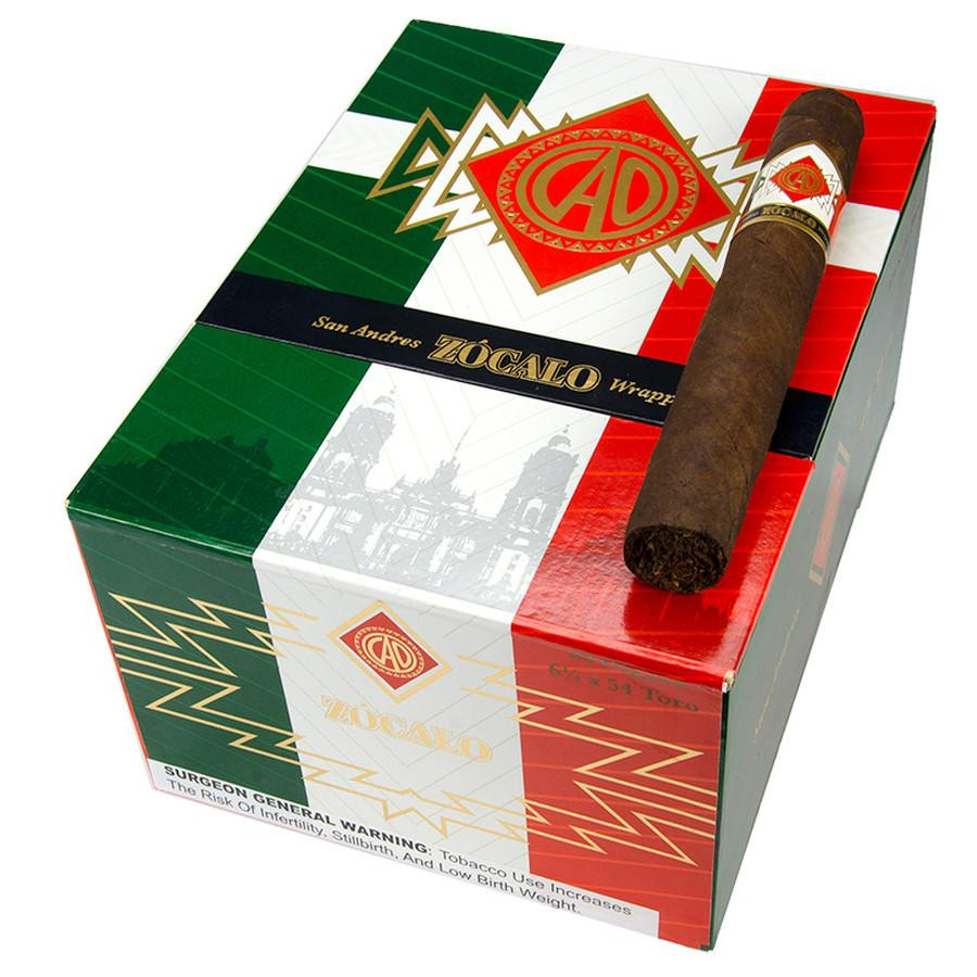 General Cigar CAO Zocalo Toro Cigars 20Ct. Box, image of a colorful cigar box with a single cigar on top.